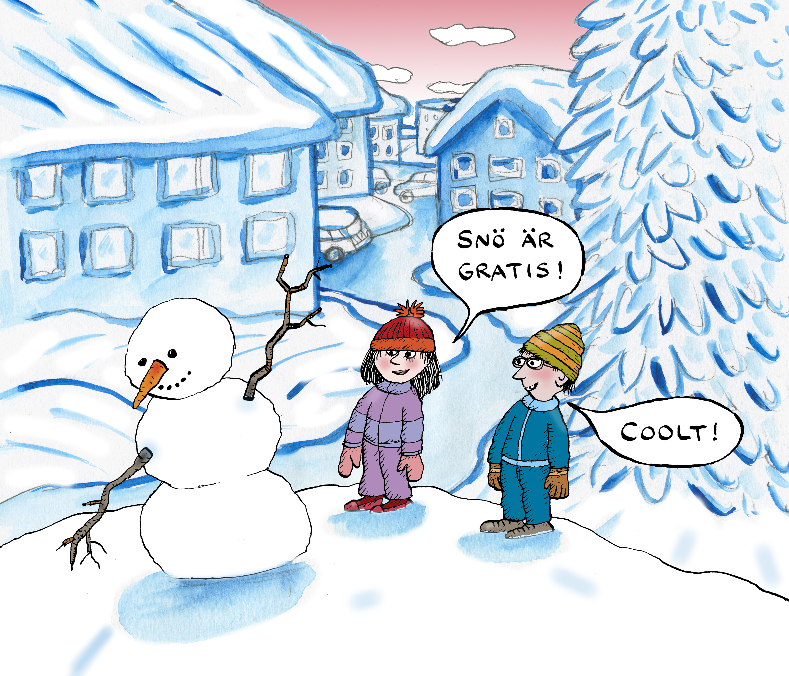 teckning av Robert Nyberg på barn och snögubbe