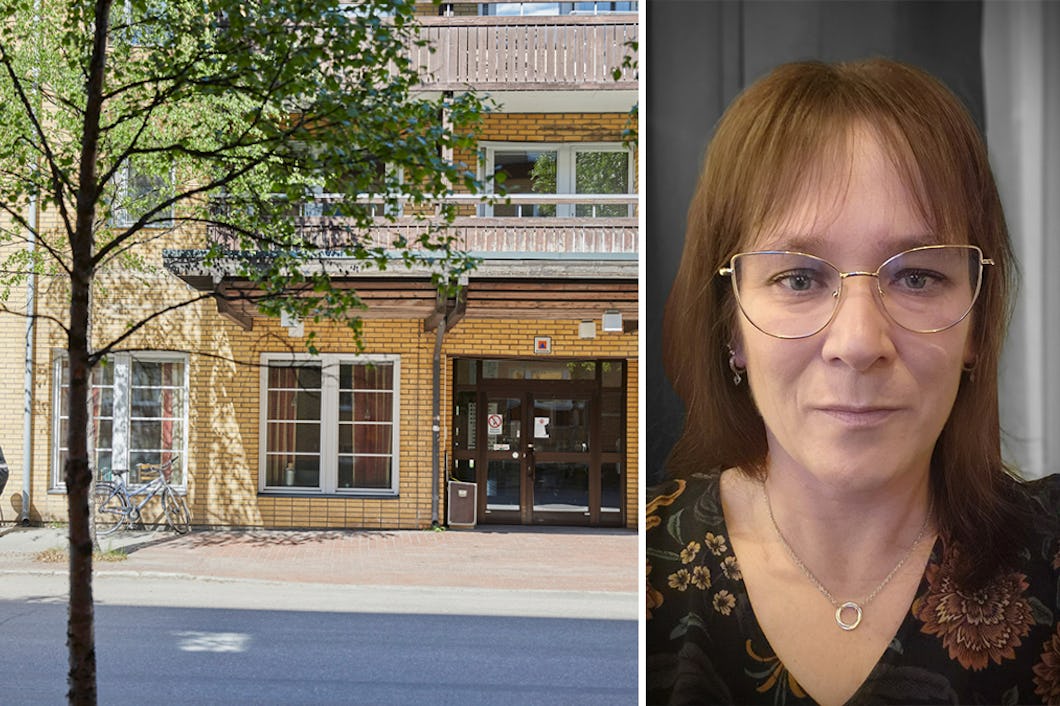 Delad bild: Till vänster ett äldreboende i Gällivare. Till höger Maria Eriksson, Kommunals huvudskyddsombud.