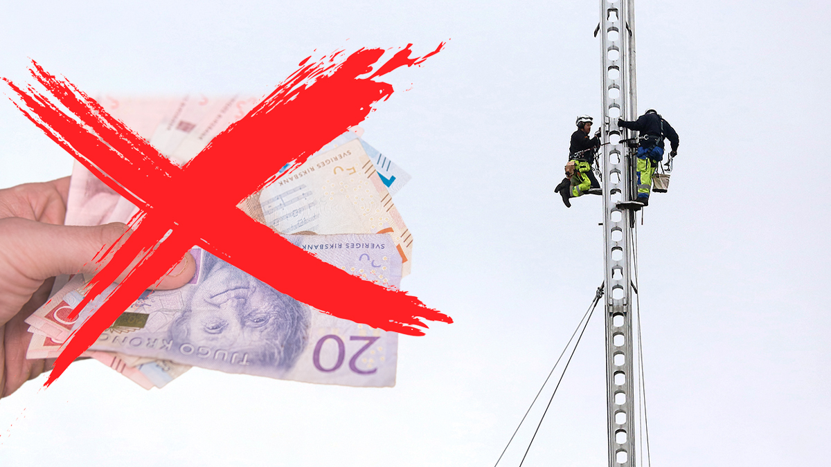 Två elever klättrar högt upp, bredvid en näve sedlar med ett rött korv över. Bilden är ett montage.