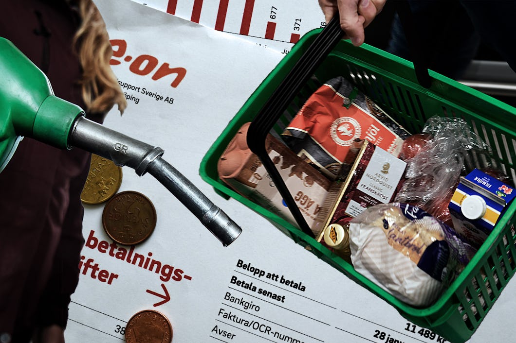 Bensin, elräkningar och kundkorg med mat