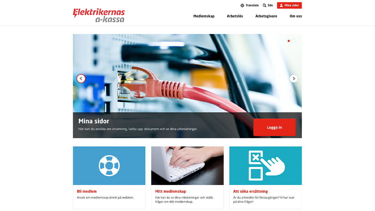Screenshot på Elektrikernas a-kassas hemsida.