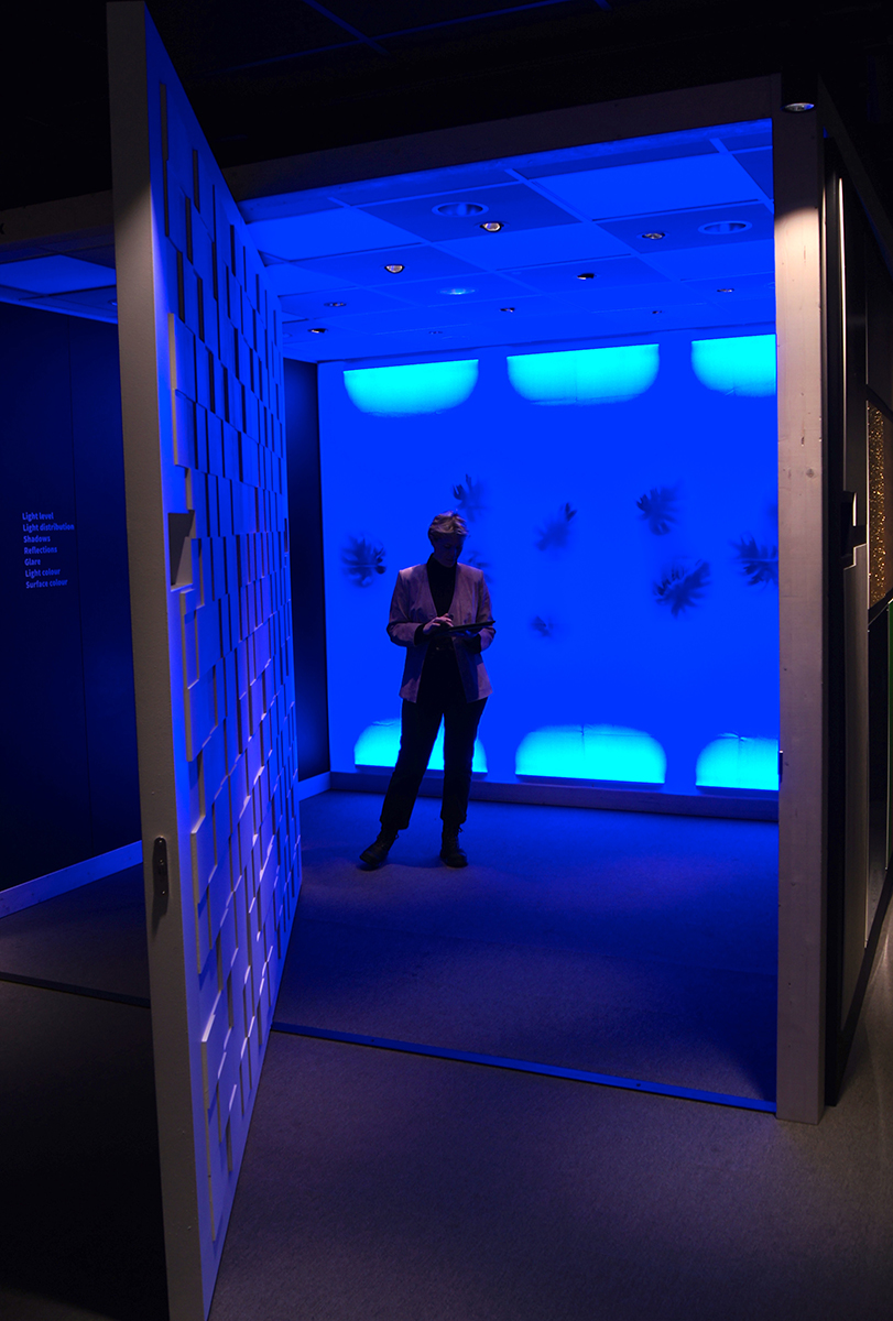 Ljusrum med en mörklagd människa i mitten.