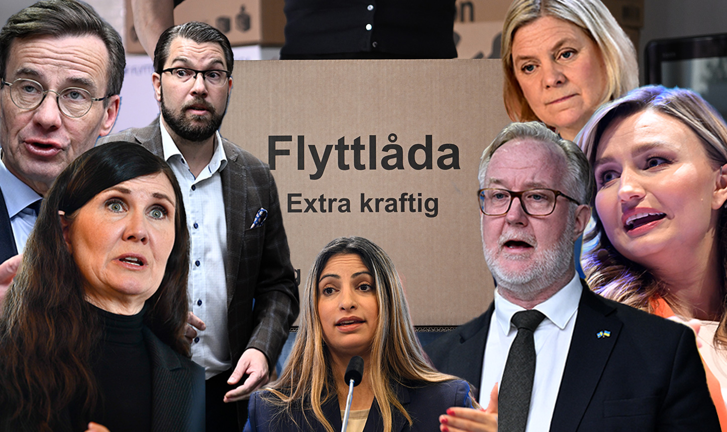 Partiledarna för riksdagspartierna. Jimmie Åkesson (SD), Ulf Kristersson (M), Märta Stenevi (MP), Nooshi Dadgostar (V), Johan Pehrson (L), Ebba Busch (KD), Magdalena Andersson (S).