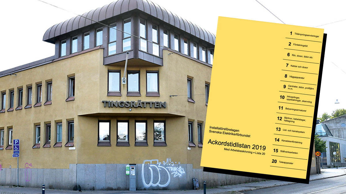 Byggnad med ordet TINGSRÄTTEN på, och en inklippt ackordsprislista.