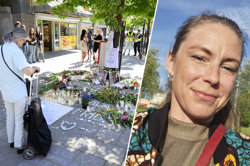 Blommor på Farsta torg efter dödskjutningen. Anna Fernström, klubbordförande FoC Fotboll.