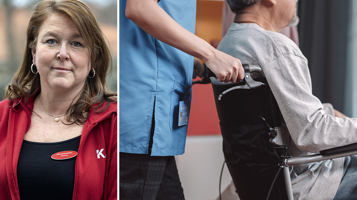 Jannica Sjöblad på Kommunal i Västervik och bild på en kvinna som drar en man i en rullstol.