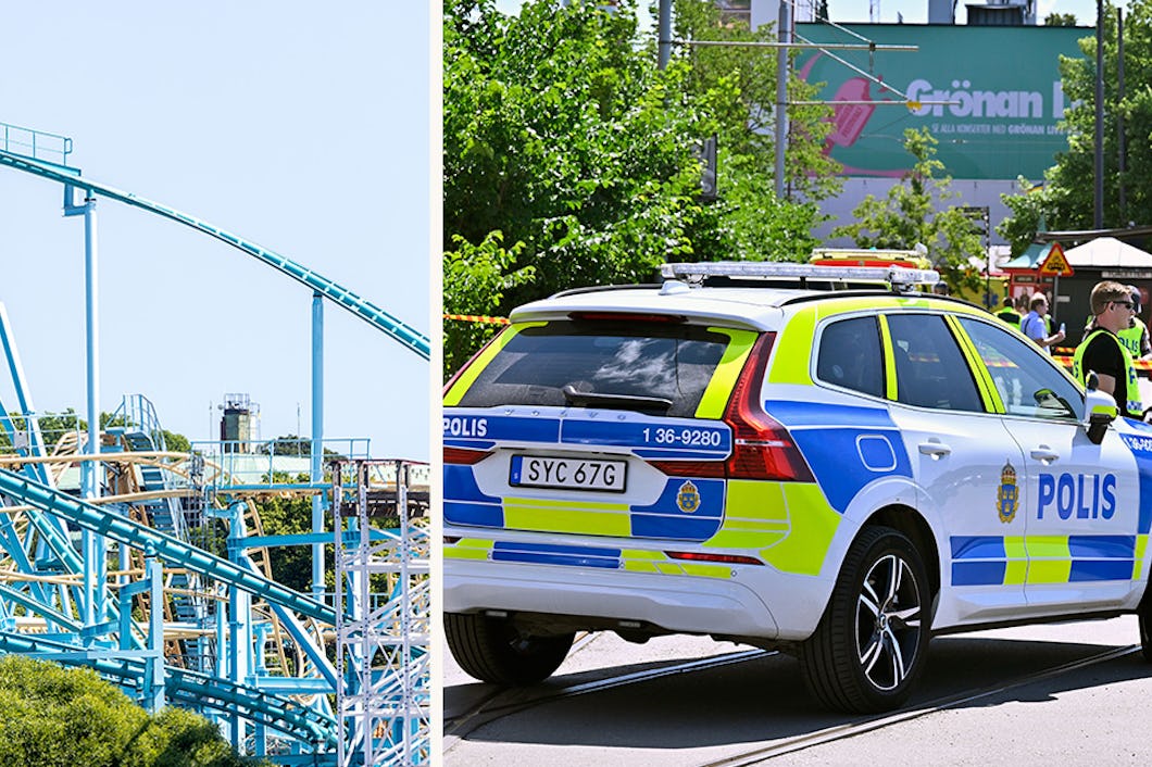 Splitbild – bergochdalbanen Jetline och polis på plats efter olyckan på Gröna Lund där en kvinna dog och flera skadades.