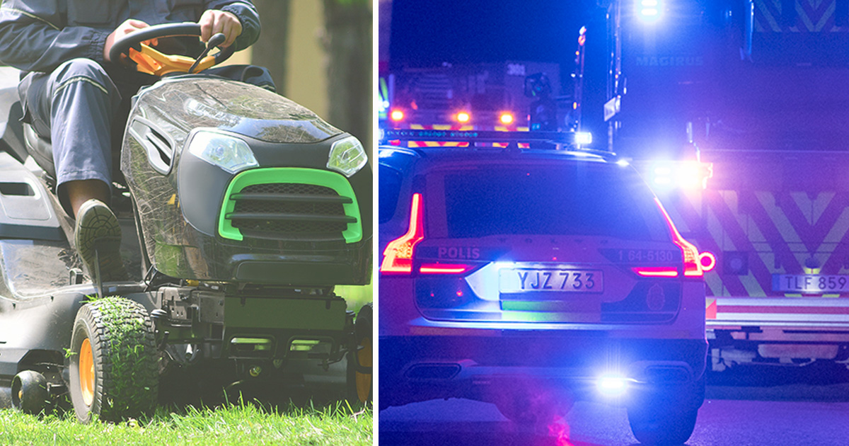 Genrebilder på gräsklippare och från en olycka
