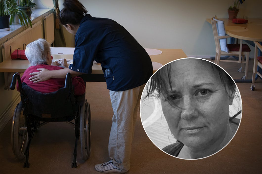 Bild på kvinna som vårdar en äldre dam. Och porträttbild på Elisabeth Lilliesköld.