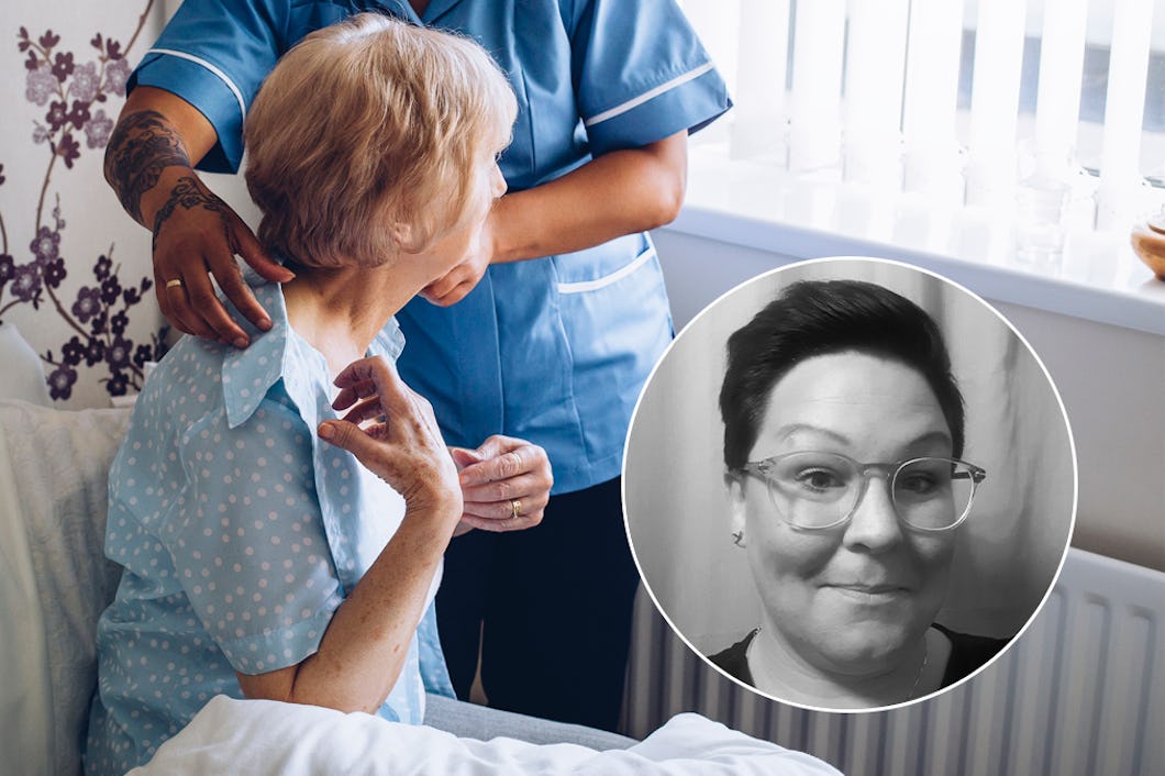 En äldre kvinna blir omhändertagen av en vårdare. Infälld bild på debattören Ann-Sofie Svensson.