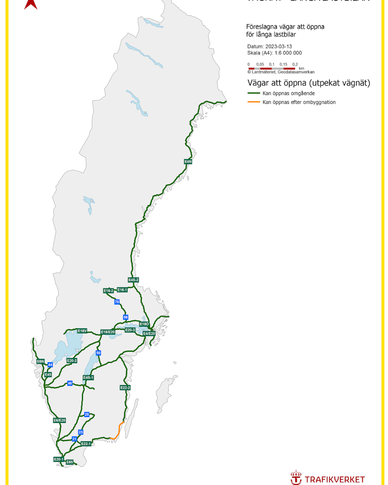 Karta över vägarna där 35 meter långa lastbilarna ska. få köra.