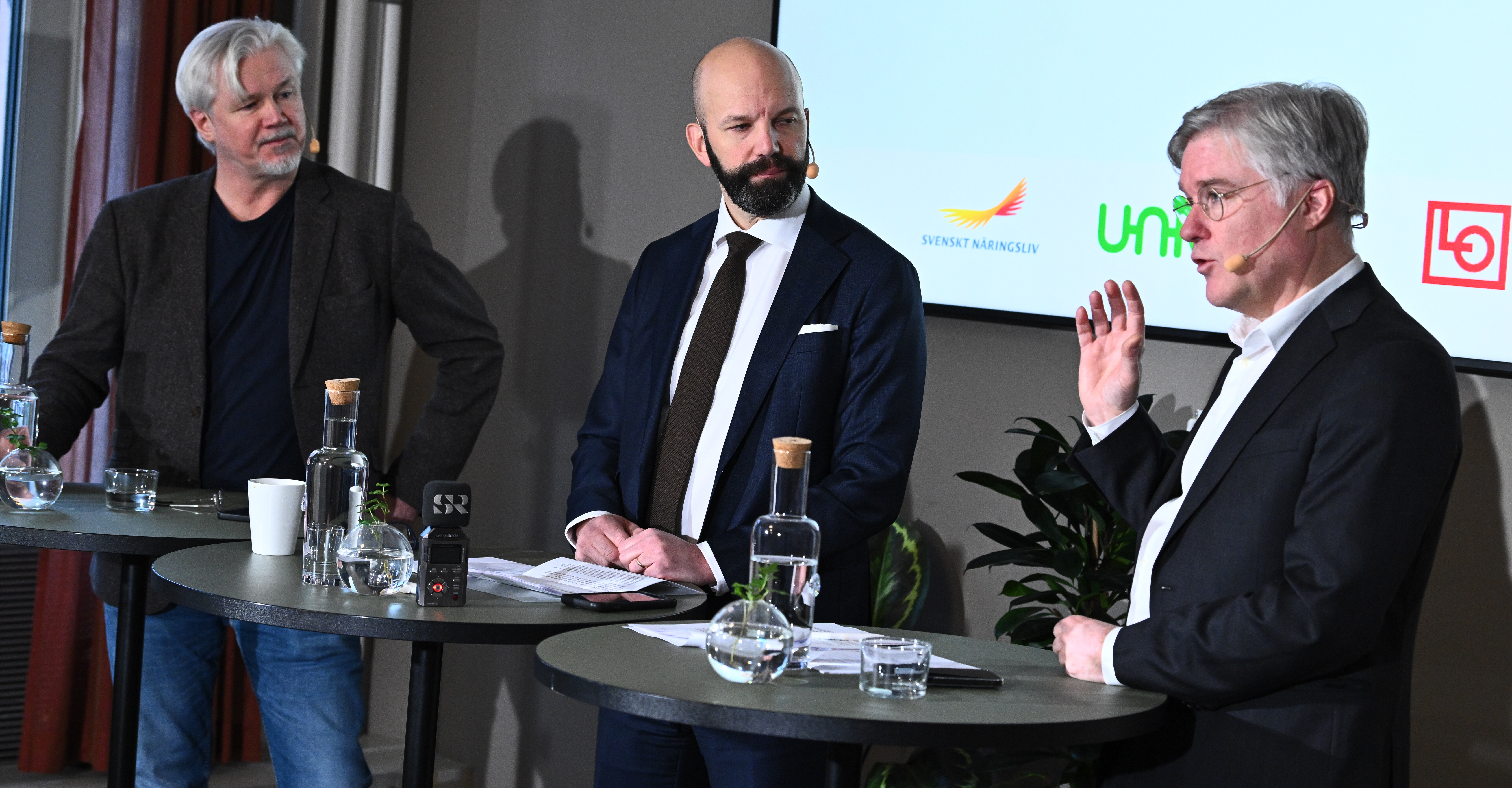 Torbjörn Johansson, avtalssekreterare LO, Mattias Dahl, vice vd Svenskt Näringsliv, och Martin Wästfelt, förhandlingschef Unionen under en presskonferens om etableringsjobb i december 2022.