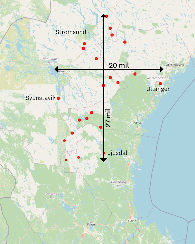 Karta över bärplockarområde i södra Norrland. Området är 27 mil norr till söder och 20 mil öster till väster. 22 platser med boenden för bärplockare är markerade.