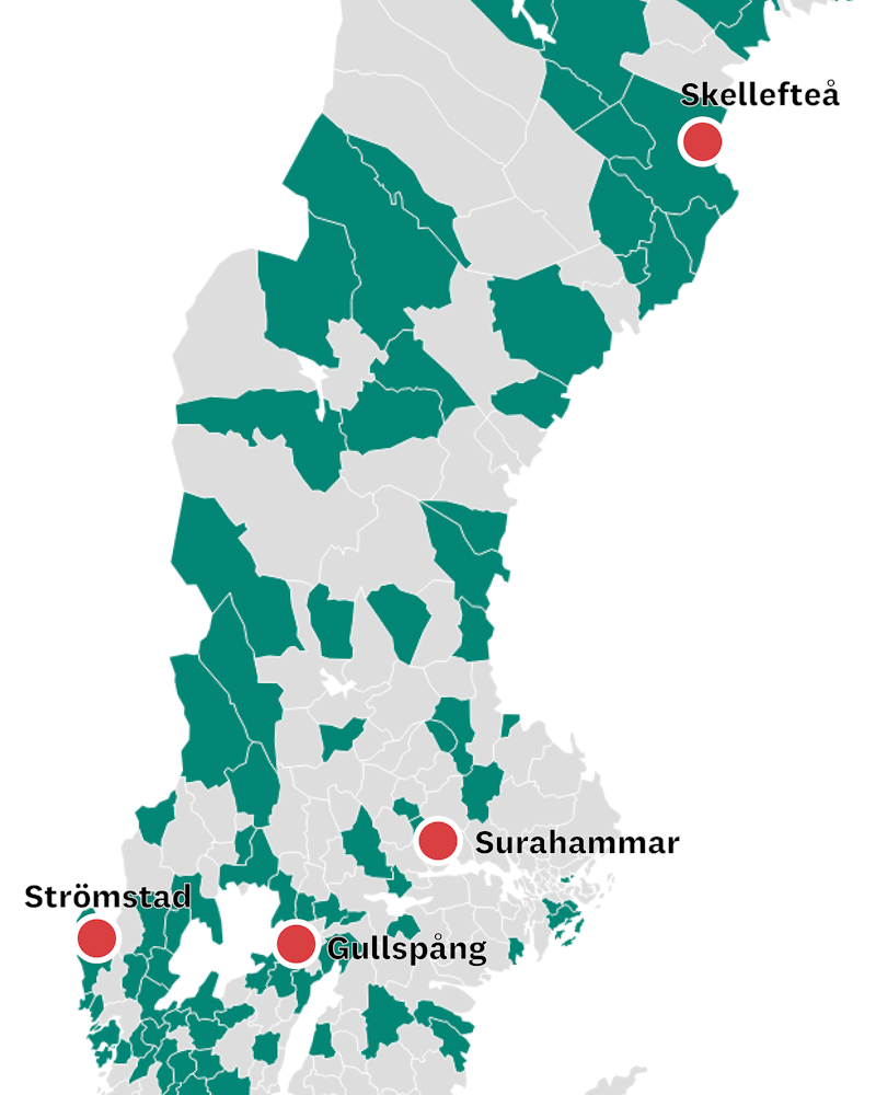 Karta som visar vilka 115 kommuner som har lägstalöner. I Emmaboda, Gullspång, Skellefteå, Strömstad, Surahammar och Vaggeryd finns de högsta lönerna.