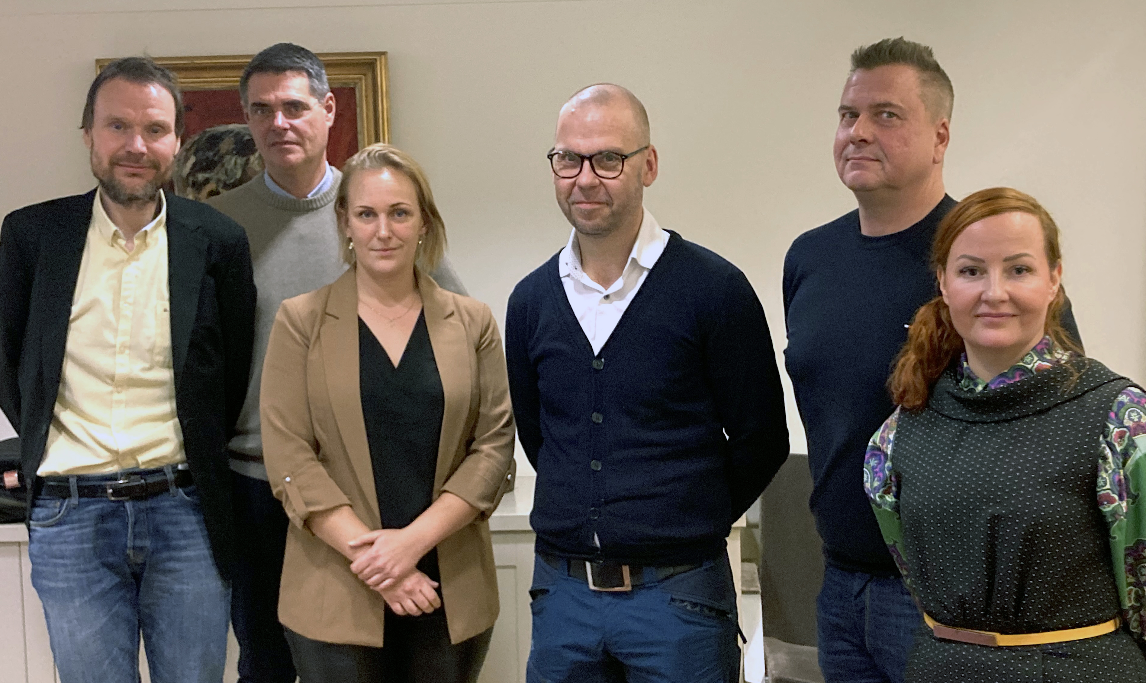 Petter Johansson, förbundsombudsman, Mikael Pettersson, förhandlingschef och Louise Olsson, vice ordförande, alla Svenska Elektrikerförbundet, samt Jari Ollila, förhandlingschef, Hannu Lukkunen, vice ordförande och Iida Viljanen, assistent, alla Finska Elfacket.