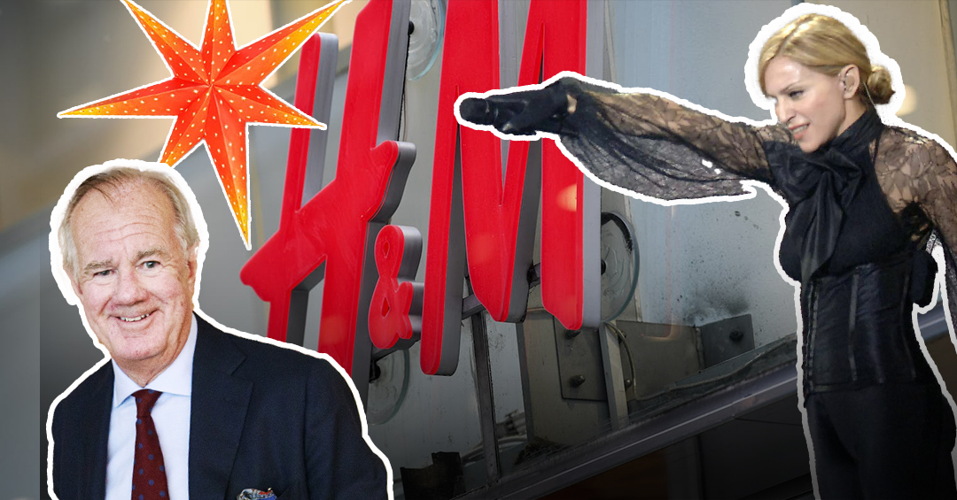 Bild på H&M-skylt, Stefan Persson och Madonna.