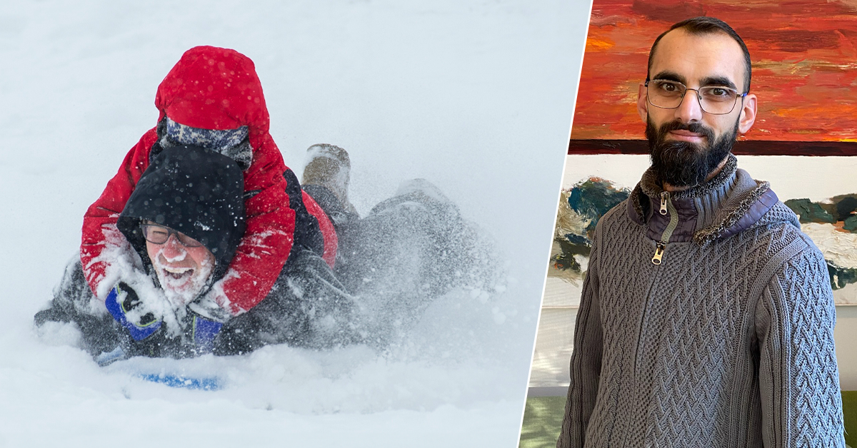 Delad bild. Till vänster en vuxen person som blir nersnöad av ett barn. Till höger en porträttbild på skyddsombudet Mohamed Ismail.