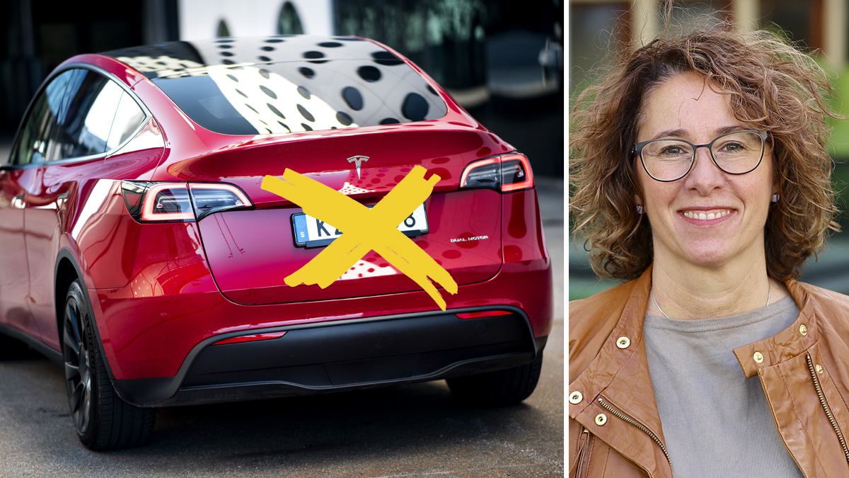 En röd Tesla-bil med överkorsad registreringsskylt och ett porträtt på Sekos förbundsordförande Gabriella Lavecchia.