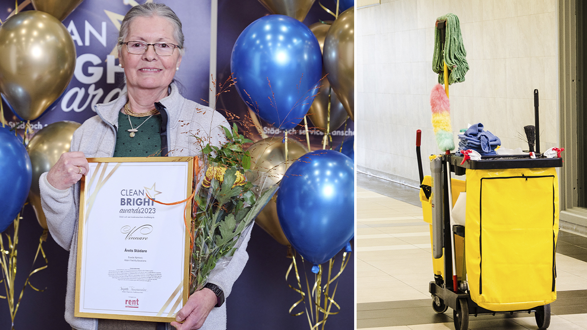 Suada Ajanovic som håller ett diplom framför ballonger. och en bild på en städvagn.
