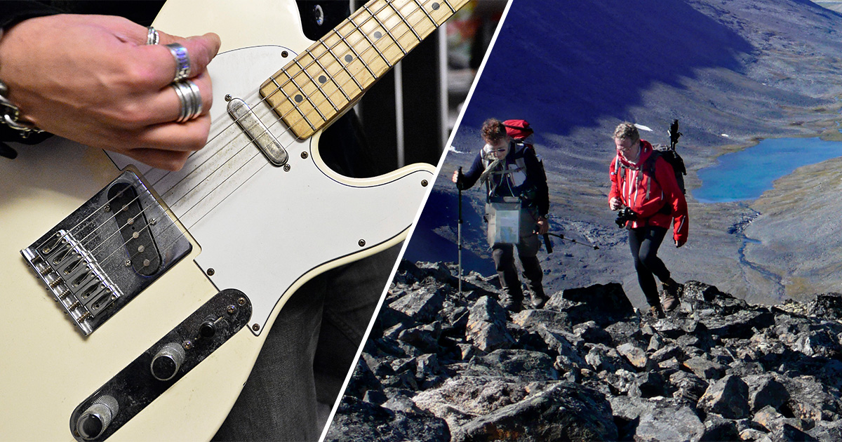 Delad bild, till vänster en man som spelar elgitarr och till höger två kvinnor som bestiger ett berg.