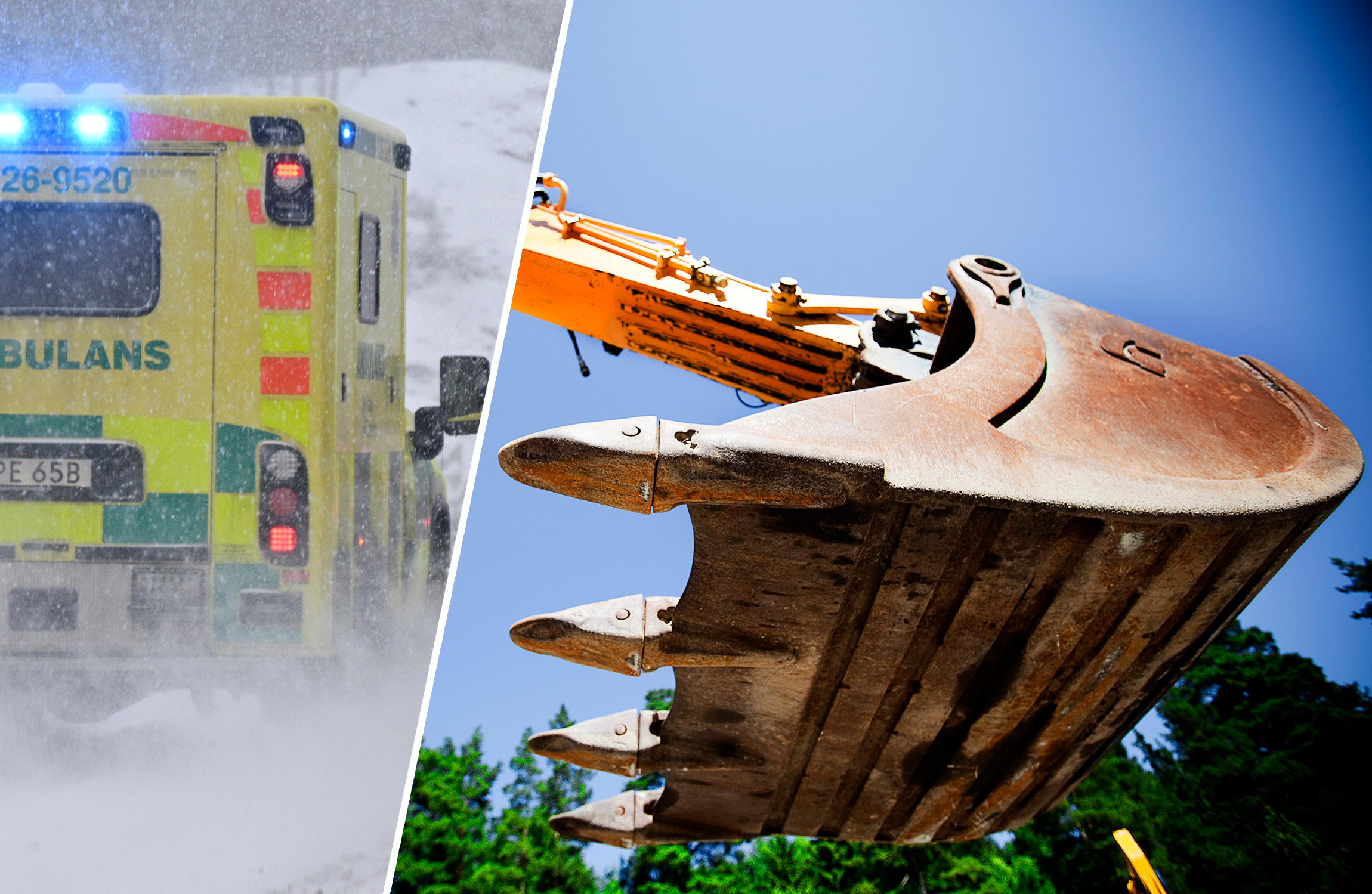 Två bilder på en ambulans och en grävmaskin. .