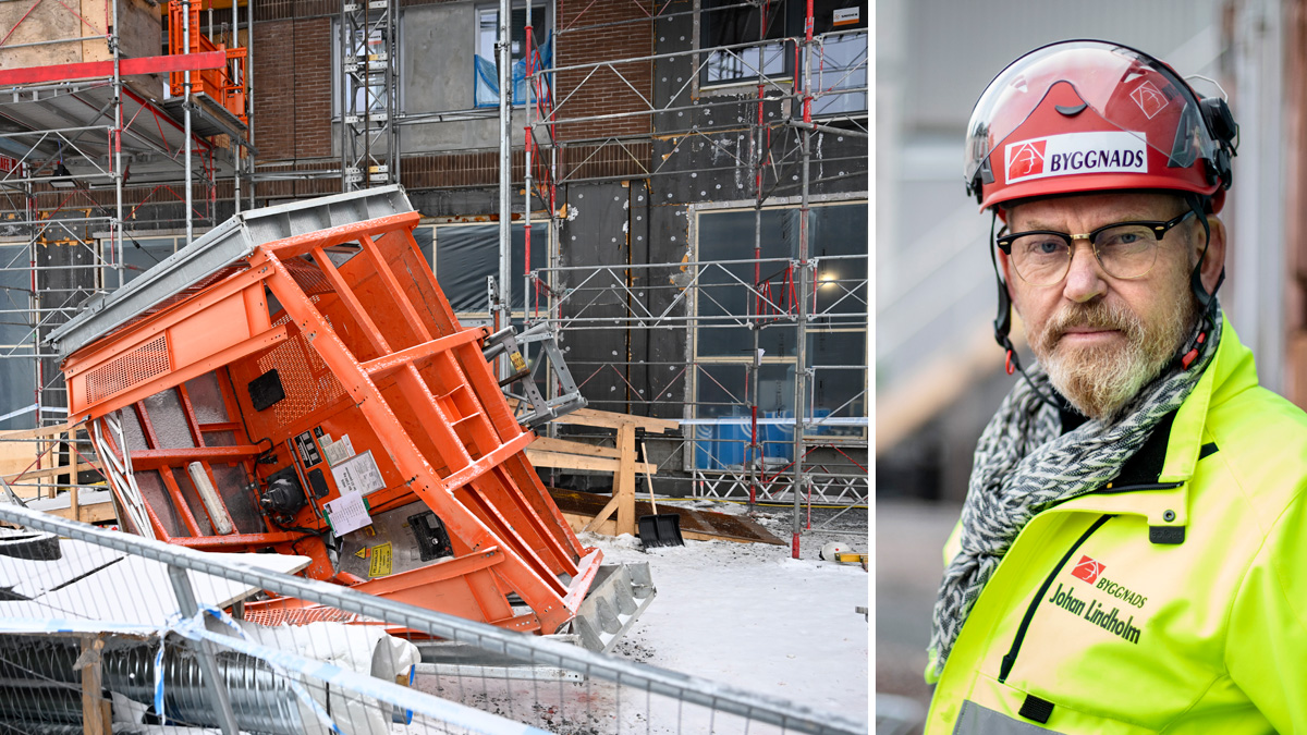 Byggnads ordförande Johan Lindholm och hissen från dödsolycka i Sundbyberg.