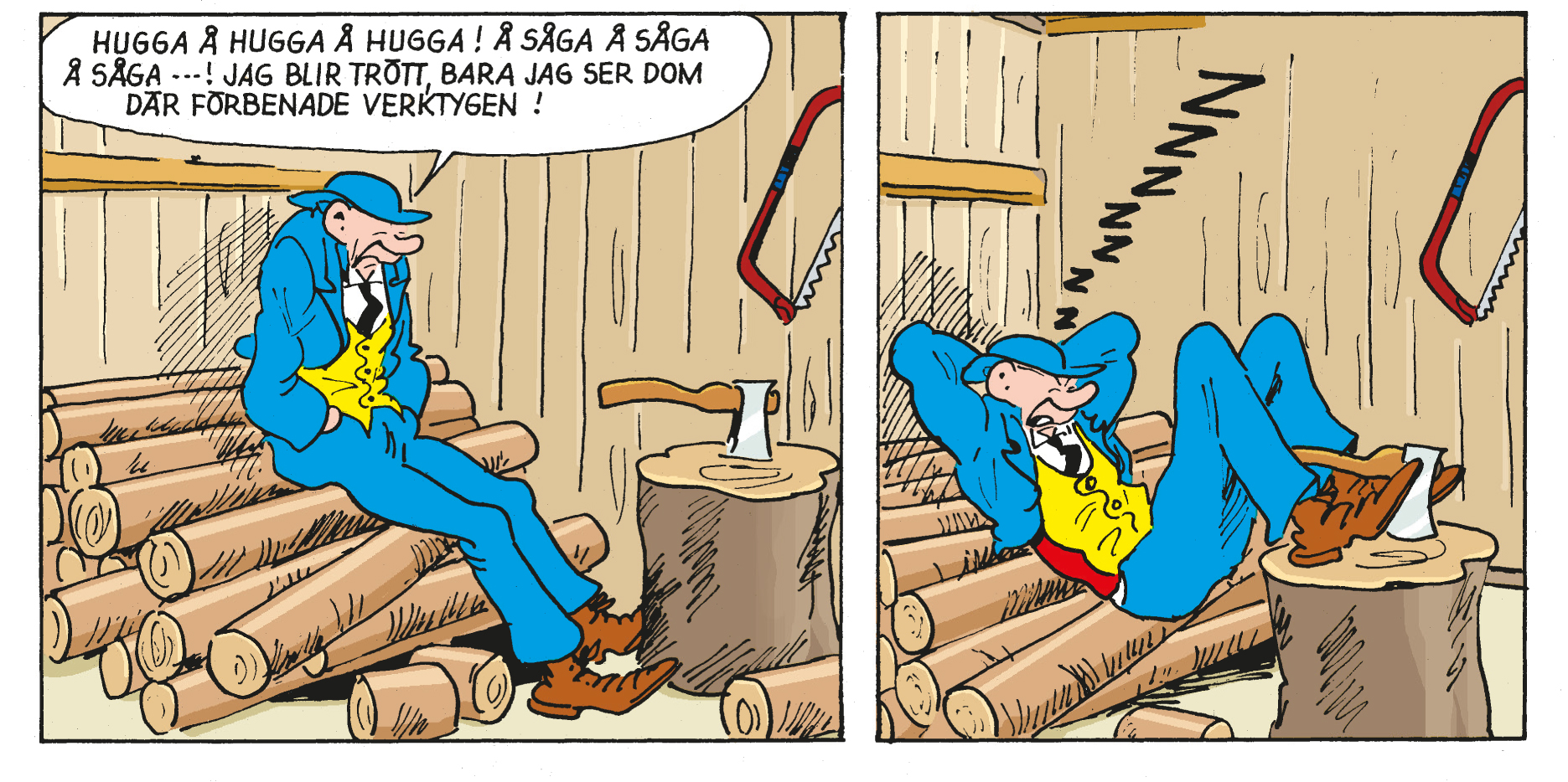 En serie som visar en man som sover på stockar.