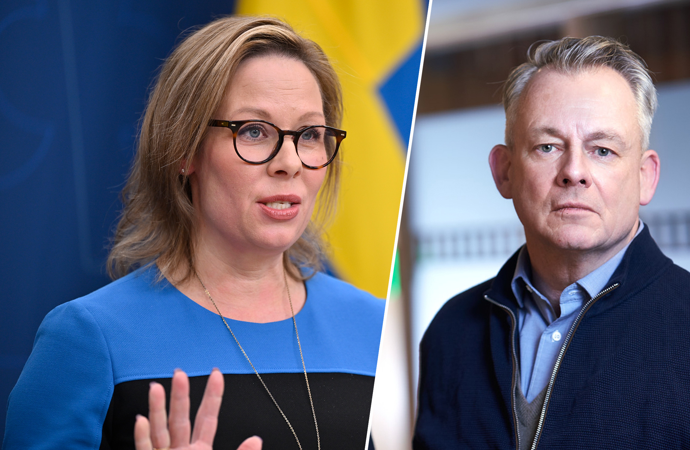 Migrationsminister Maria Malmer Stenergard och Sacos ordförande Göran Arrius. 