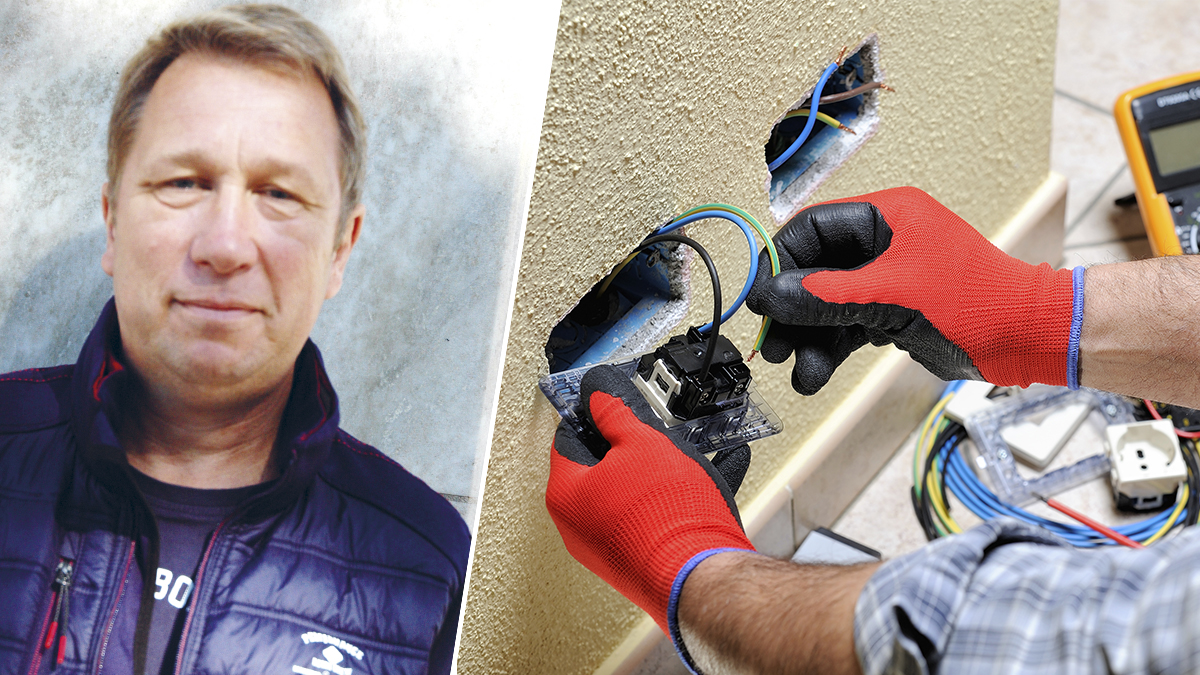 En man i röd handskar arbetar med ett eluttag. Och porträttbild på Michael Edvardsson.