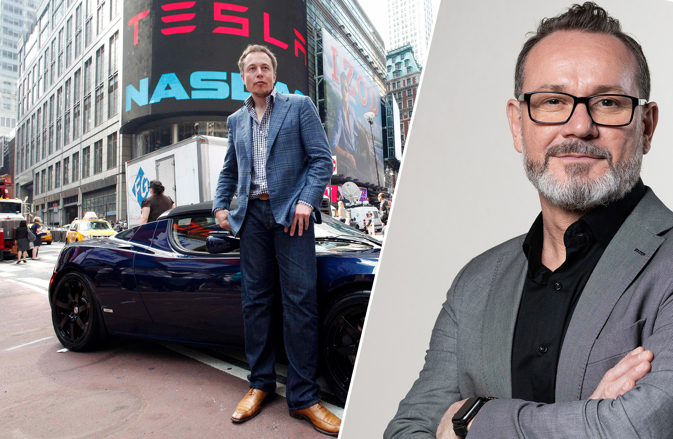 Elon Musk utanför Nasdaq och IF Metalls förbundsjurist Darko Davidovic.