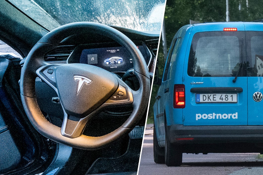 Ratt på en Tesla och en bild på en Postnordbil.