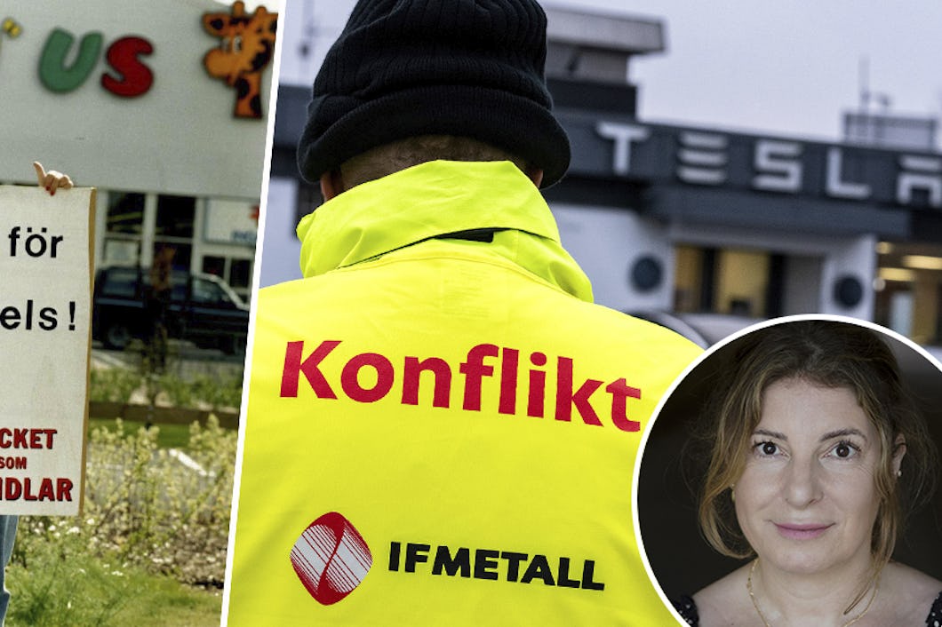 Bild från Toys R Us och strejken på Tesla samt bild på Veronika Alneborn Ödmark.