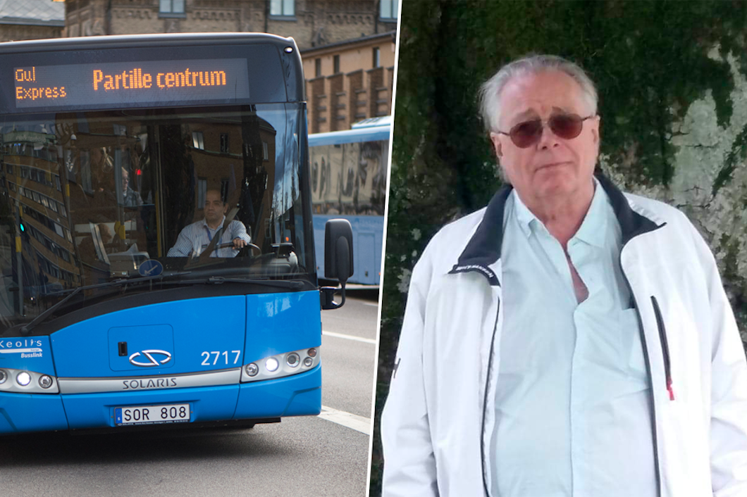 Delad bild. En blå buss kör nerför en stadsgata och porträtt på Tony Hasselqvist, bussförare och huvudskyddsombud.