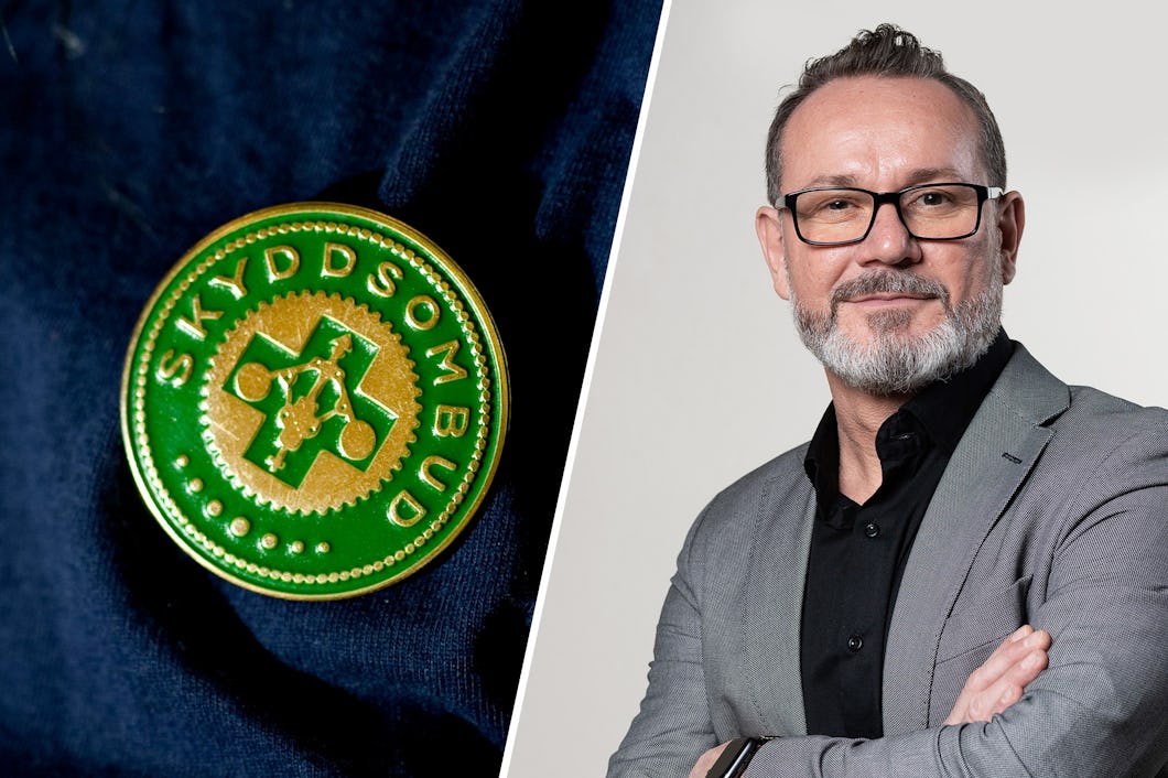 Darko Davidovic, förbundsjurist på IF Metall och ett Skyddsombudsmärke.