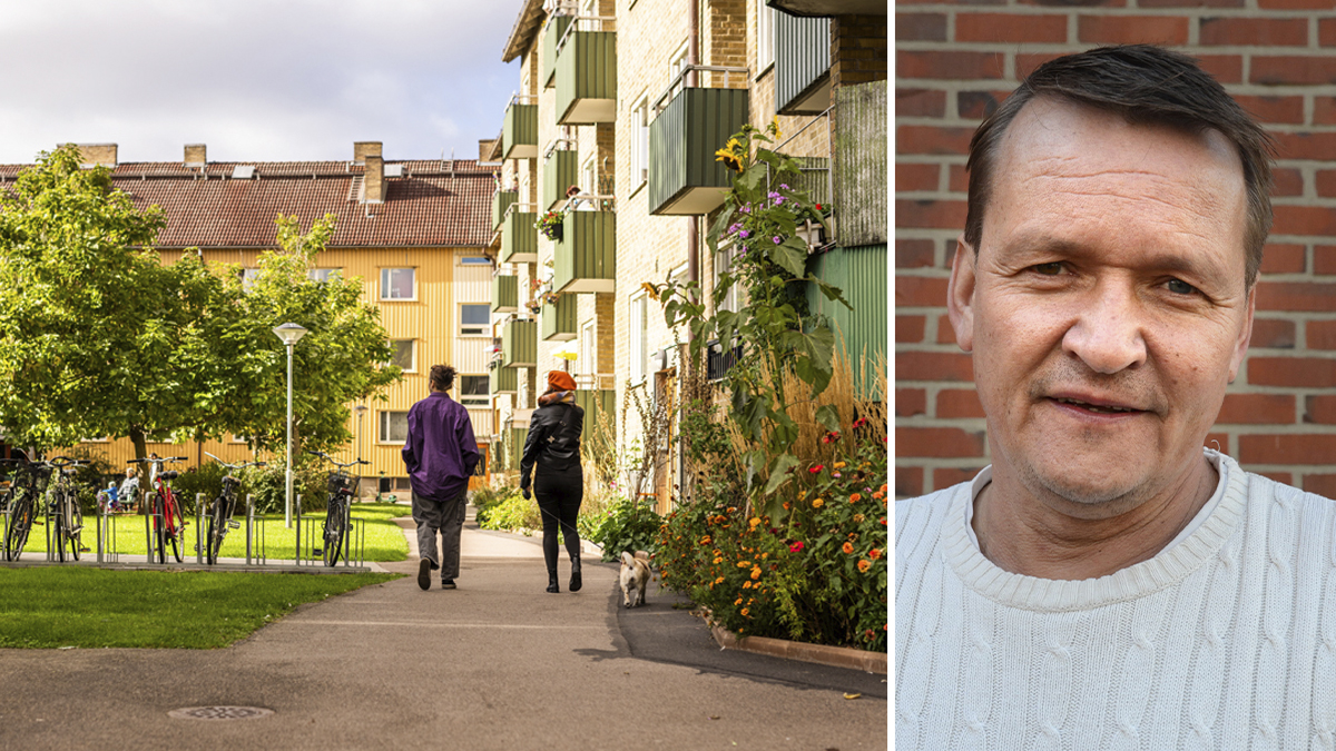 Fotomontage med miljöbild från bostadsområde i Malmö och porträtt på Timo Närhi, ordförande för Fastighets arbetsplatsklubb.