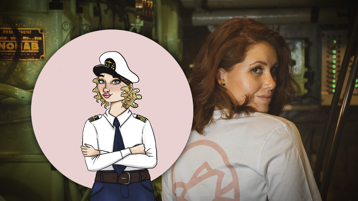 Porträtt på Emily Gyllenspetz i maskinrummet på en båt med en tecknad sjökapten och texten ”Sjöfarten ska vara en självklar plats för kvinnor”.