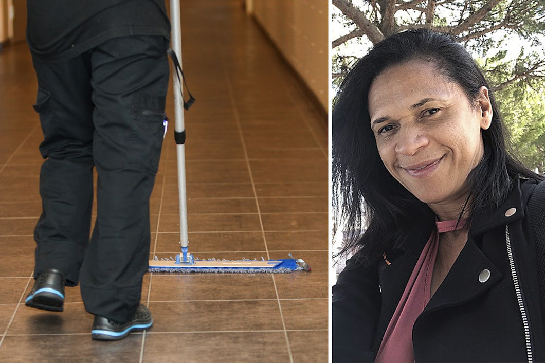Fotomontage med porträtt på Luciene Svärdh och en bild på en städares ben och en golvmopp.