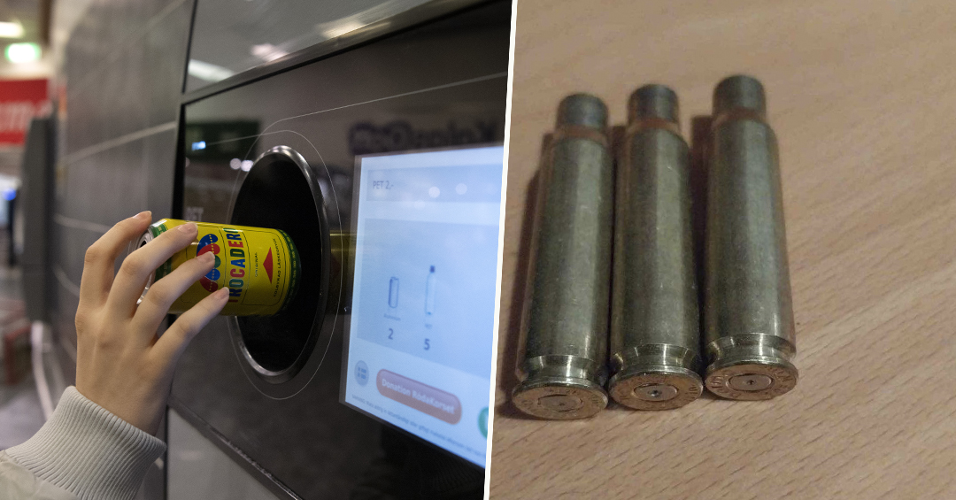 En person håller en burk framför en maskin.