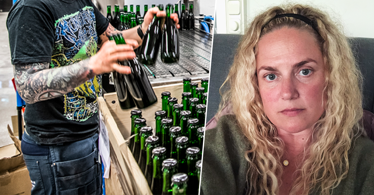 Två bilder på Sandra Sölter som arbetar i en fabrik med ölflaskor.