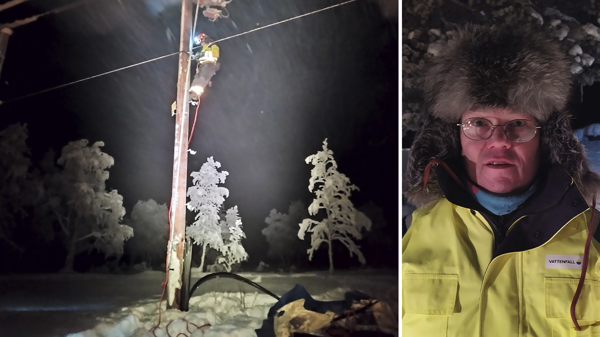 En bild på en linjemontör som jobbar uppe i en stolpe bredvid ett porträtt på Sture Burman i stor pälsmössa.