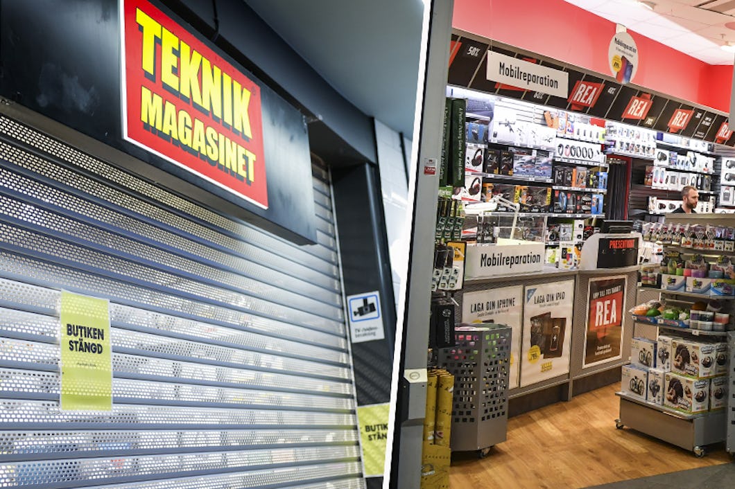 Två bilder på en butik med stängd dörr på Teknikmagasinet.