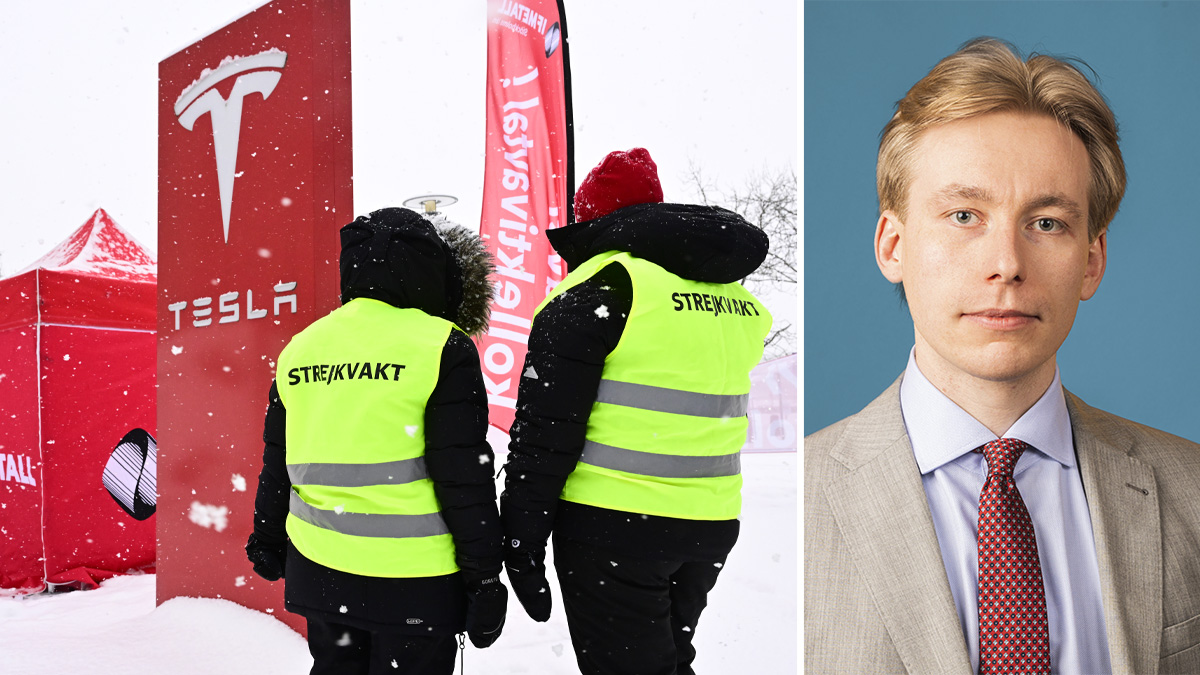 Fotomontage med två strejkvakter utanför Tesla bredvid ett porträtt på Albin Zettervall från Timbro.