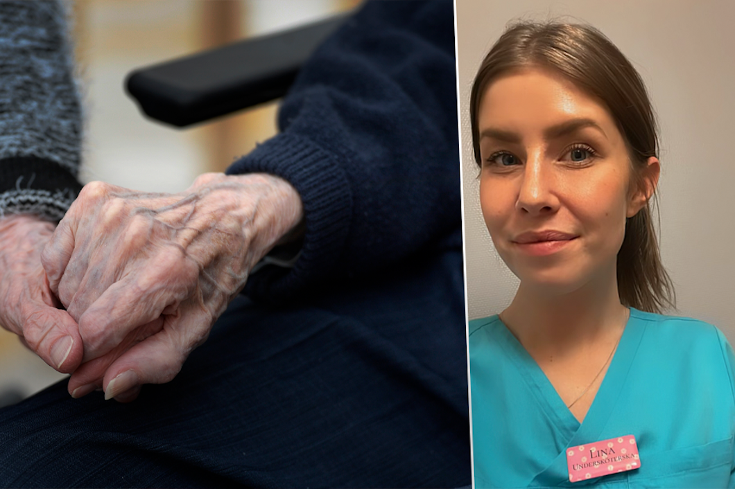 Delad bild. Två äldre personer som håller i varandras händer. Porträttbild på Lina Magnusson.