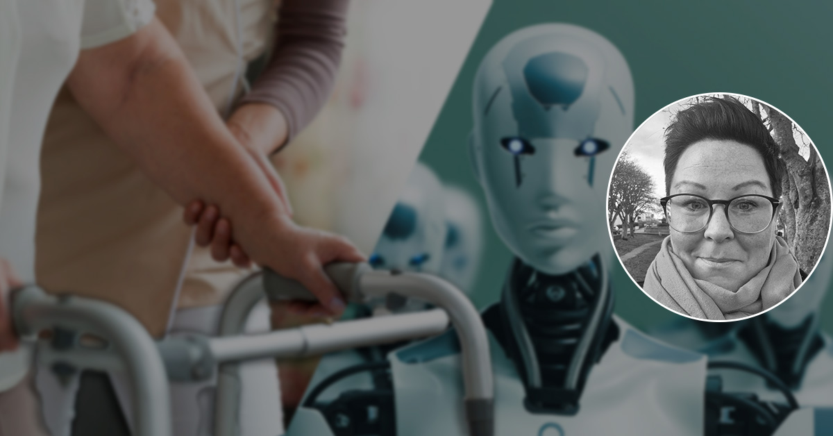 Delad bild. En bild av en äldre kvinna med en rullator och andra bilden på robotar