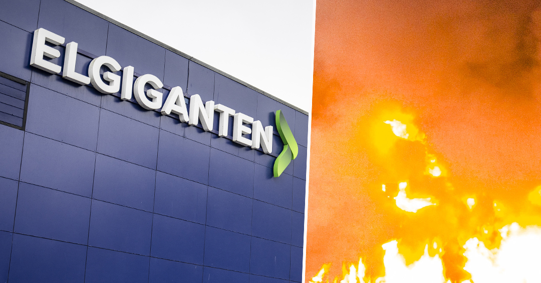 Skylt på Elgiganten och en bild där det brinner.