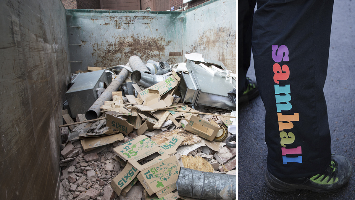 En delad bild av sopor i en behållare och fållen på byxorna med en logotyp för tumhål.