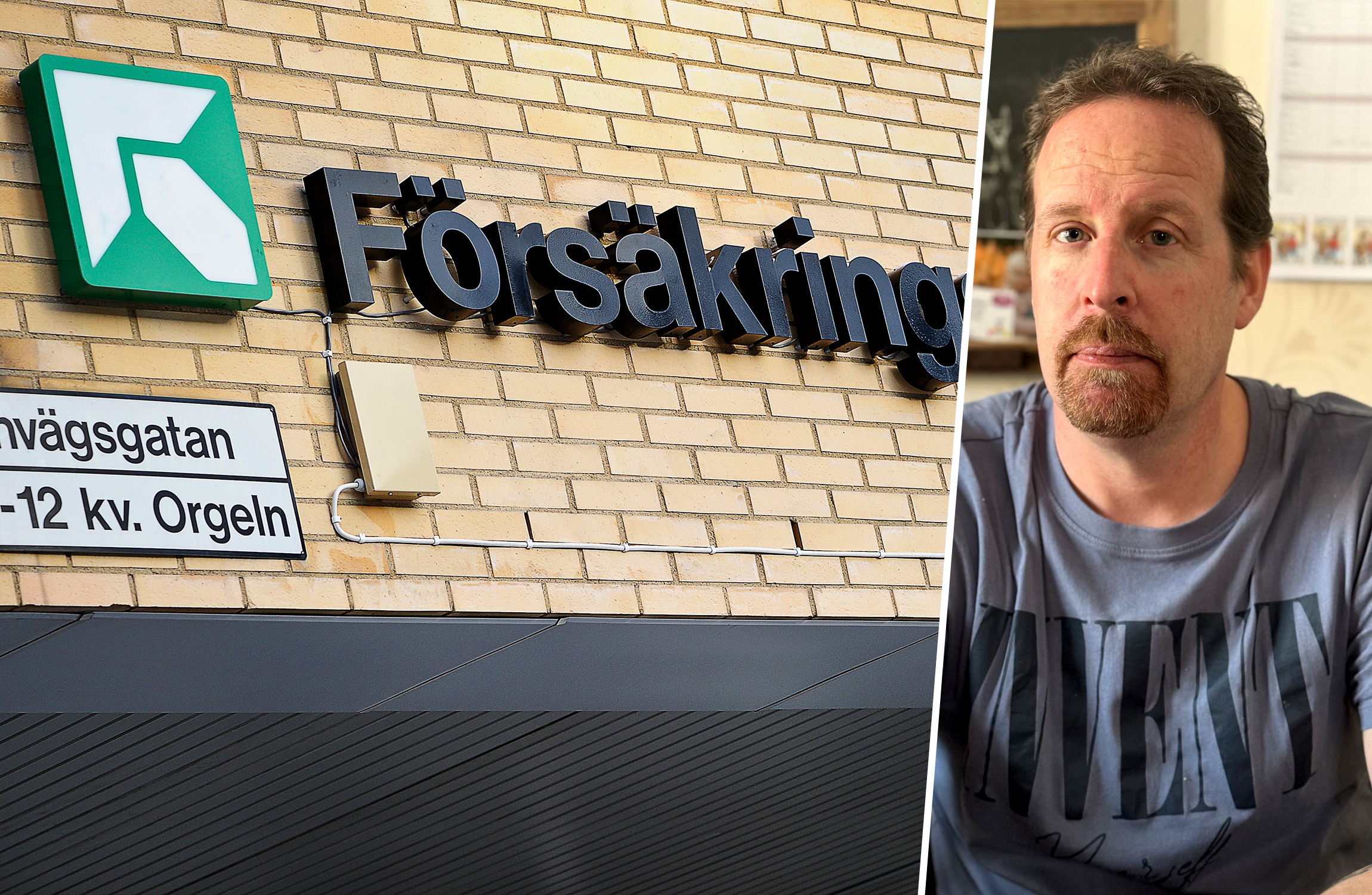 Delad bild. Lars Karlsson och en Försäkringskassan-skylt.