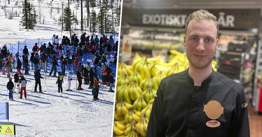 Bild på skidåkare och en man i butik.