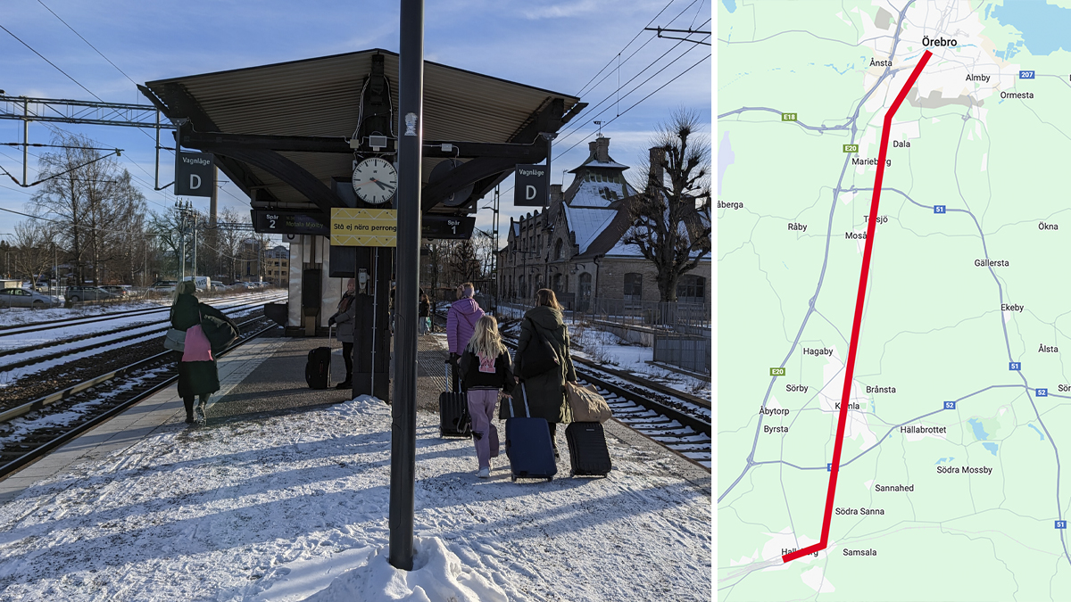 En bild på några kvinnor bakifrån på en perrong vid Kumla järnvägsstation bredvid en karta där sträckan Hallsberg-Kumla är inritad med en röd linje.