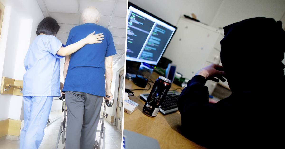 En kvinna hjälper en gammal man och en bild på en hackare.